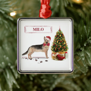 Ornement Carré Argenté Berger Allemand Drôle de chien de Noël avec arbre