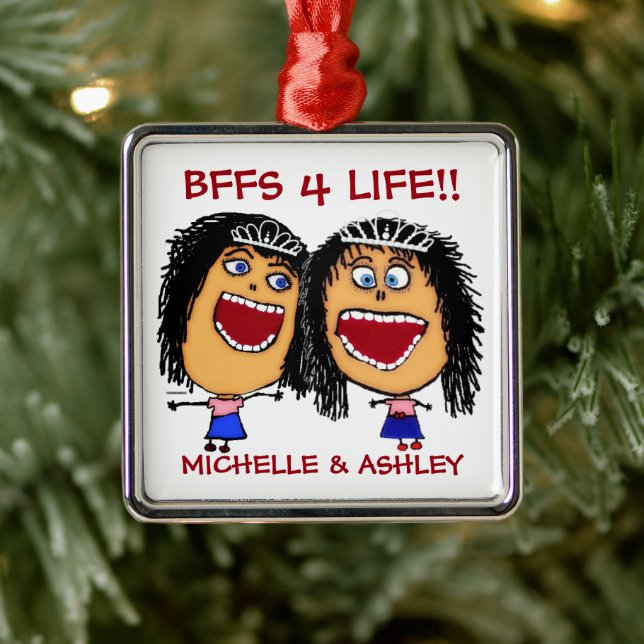 Ornement Carré Argenté Best Friends BFFS or Sisters Cartoon CUSTOM (Arbre)