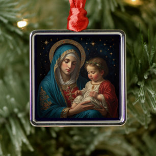 Ornement Carré Argenté Bienheureuse Vierge Marie & Jésus Nativité Noël