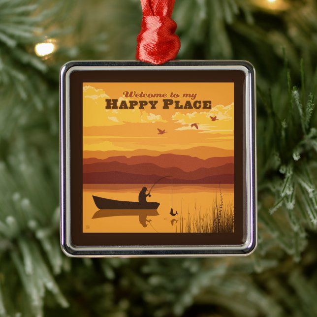 Ornement Carré Argenté Bienvenue À Mon Happy Place (Arbre)