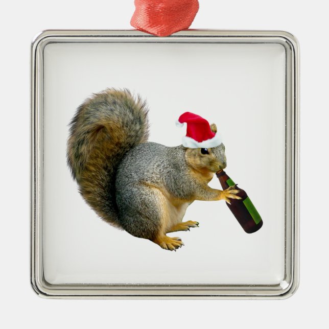 Ornement Carré Argenté Bière potable d'écureuil de Père Noël (Devant)