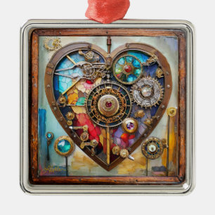 Ornement Carré Argenté Bijoux et cœur de vitrail Steampunk Series