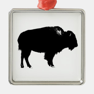 Ornement Carré Argenté Bison noir et blanc Silhouette Pop Art