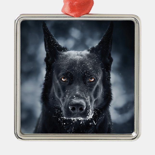 Ornement Carré Argenté Black German Shepherd (Devant)