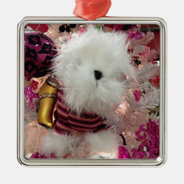 ORNEMENT CARRÉ ARGENTÉ BLANC FUFFY PUPPY NOËL ORNAMENT (Devant)