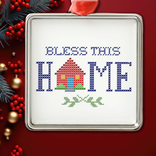 Ornement Carré Argenté Bless This Home Cross Stitch Ornament (Bring warmth and blessings to your holiday season with our "Bless This Home" ornament.)