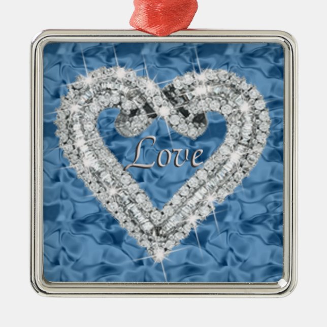 Ornement Carré Argenté Bleu Carré Amour Diamond Coeur Ornament (Devant)