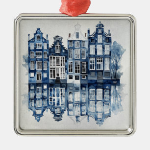 Ornement Carré Argenté Bleu et blanc Delft maisons traditionnelles