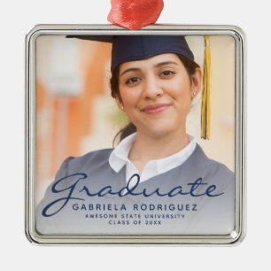 Ornement Carré Argenté Bleu foncé Script photo Gardien de graduation