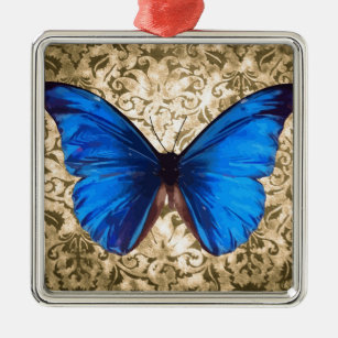 Ornement Carré Argenté Bleu monarque papillon damassé art Vintage