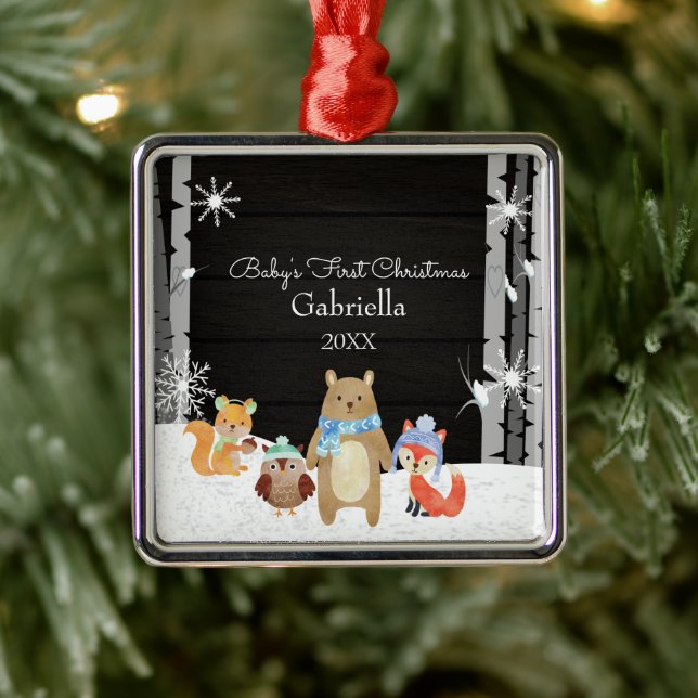 Ornement Carré Argenté Bois Animaux Baby's First Christmas (Arbre)