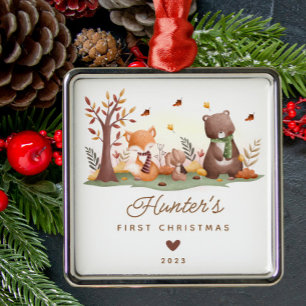 Ornement Carré Argenté Bois Animaux Baby's First Christmas