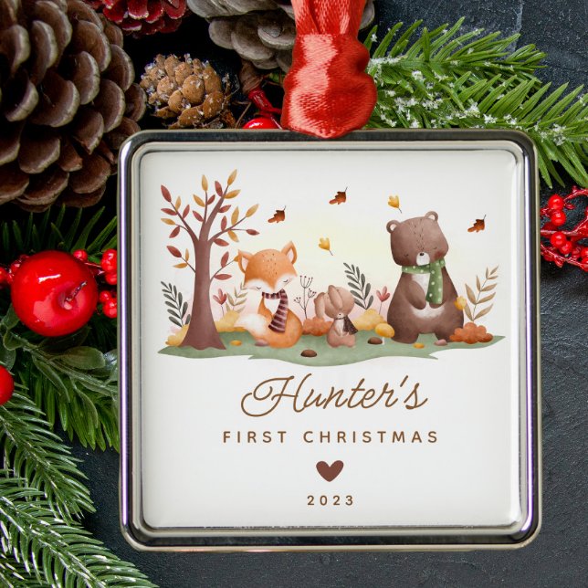 Ornement Carré Argenté Bois Animaux Baby's First Christmas (Créateur téléchargé)