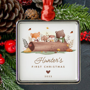 Ornement Carré Argenté Bois Animaux Baby's First Christmas