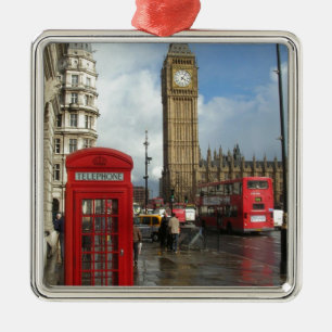 Ornement Carré Argenté Boîte de téléphone de Londres et Big Ben (St.K)