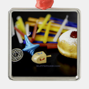 Ornement Carré Argenté Bonne Hanoukka Star de David menorah Dreidel Slipp
