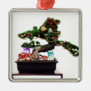 Ornement Carré Argenté Bonsai Christmas Tree