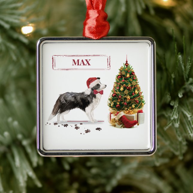 Ornement Carré Argenté Bordure Collie Funny Chien de Noël avec arbre (Arbre)