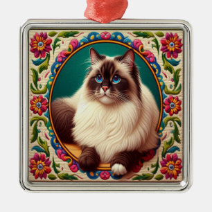 Ornement Carré Argenté Bordure décorative Birman Chat Fleurs colorées