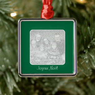 Ornement Carré Argenté Bordure verte Joyeux Noël personnalisé