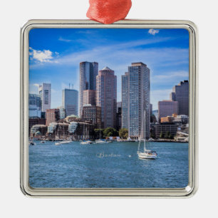 Ornement Carré Argenté Boston Skyline