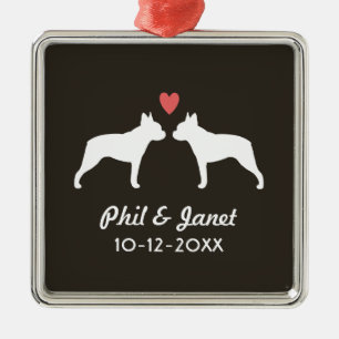 Ornement Carré Argenté Boston Terrier Silhouettes Love Chiens Couple Cust