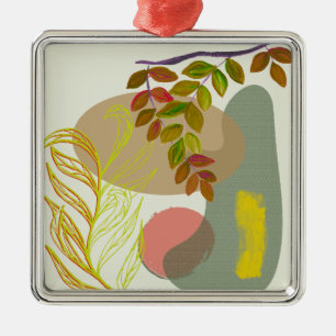 Ornement Carré Argenté Botanique Boho jaune vert