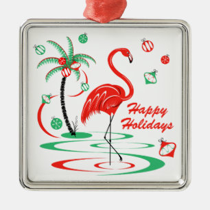 Ornement Carré Argenté Boules flamant rose de Noël rouge vacances carré