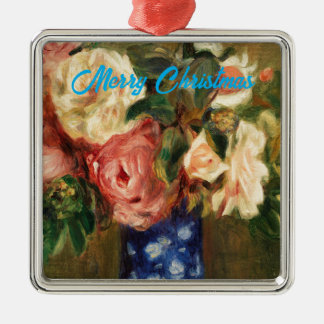 Ornement Carré Argenté Bouquet of Roses by Renoir Merry Christmas