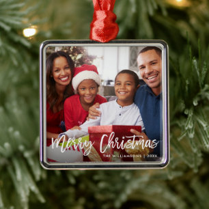 Ornement Carré Argenté Bracelet Script Star Merry Christmas Family Photo