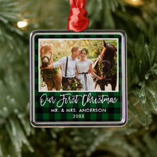 Ornement Carré Argenté Bracelet Script Vert Plaid Mariage premier Noël