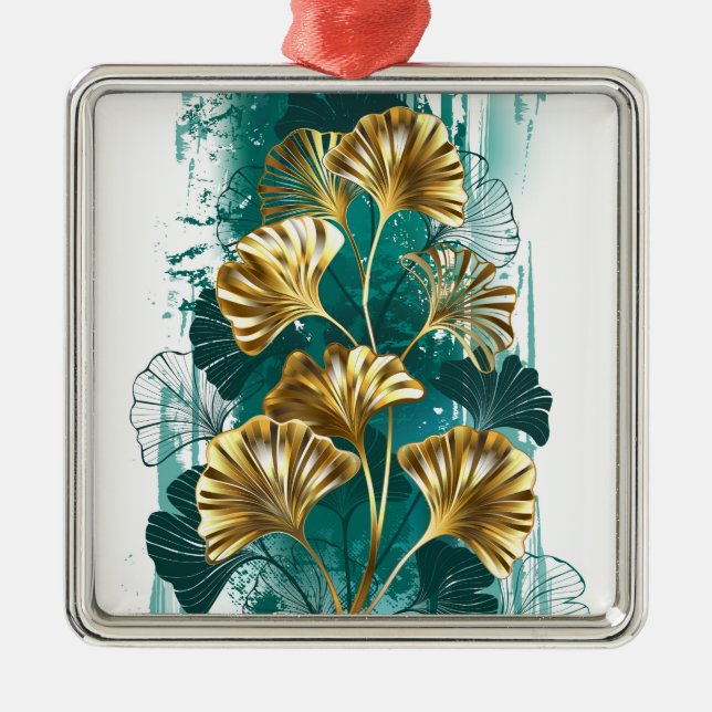 Ornement Carré Argenté Branche avec Feuilles d'or Ginko Biloba (Devant)