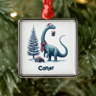 Ornement Carré Argenté Brontosaurus dinosaure de Noël