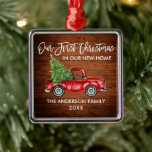 Ornement Carré Argenté Brosse Script Bois Premier Noël Nouveau Camion<br><div class="desc">Script moderne de brosse Notre premier Noël dans notre nouvel ornement de maison comprend Watercolor Vintage Camion rouge avec arbre de Noël. Rustic Country Wood Print.</div>