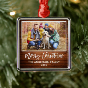 Ornement Carré Argenté Brosse Script Rustique Bois Famille Joyeux Noël