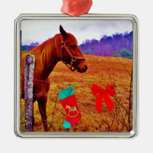 Ornement Carré Argenté Brown cheval pourpre arbre Noël