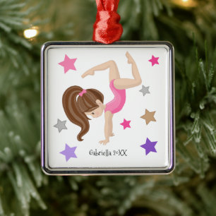 Ornement Carré Argenté Brown Haired Gymnast Girl Gymnastique Noël