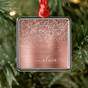 Ornement Carré Argenté Brushed metal rose Gold Pink Glitter Monogram