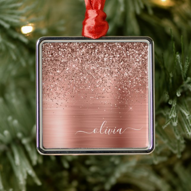 Ornement Carré Argenté Brushed metal rose Gold Pink Glitter Monogram (Arbre)