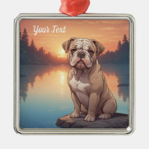 Ornement Carré Argenté Bulldog au bord du lac