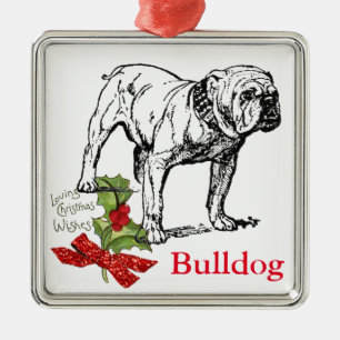 Ornement Carré Argenté Bulldog Vintage -Ajouter un nom- 'Paillettes' Noeu