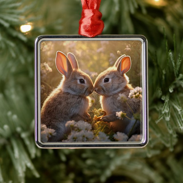Ornement Carré Argenté Bunnies adorables dans la conception des prés de p (Arbre)