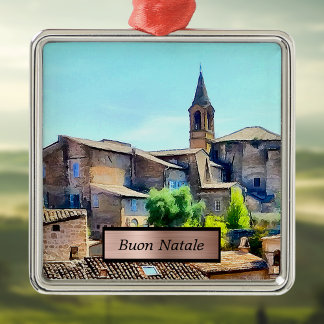 Ornement Carré Argenté Buon Natale Orvieto Italie Coteau et église