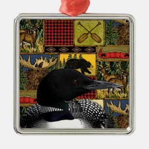 Ornement Carré Argenté Cabine Rustic Loon Northwoods