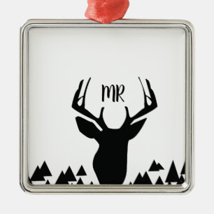 Ornement Carré Argenté Cadeau de Noël à monogramme noir et blanc pour ama