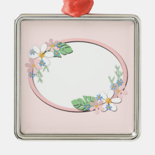 Ornement Carré Argenté Cadre floral rose rond enfants ressort personniza