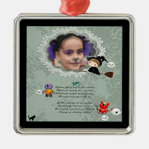 Ornement Carré Argenté Cadre photo avec Sorcière, Monstres, Fantôme, Chat