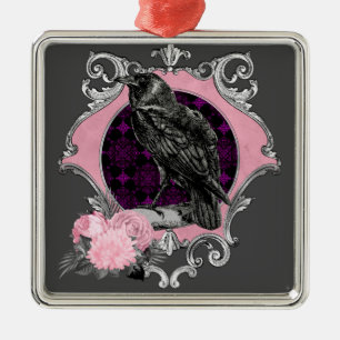 Ornement Carré Argenté Cadre Rose Goth Raven