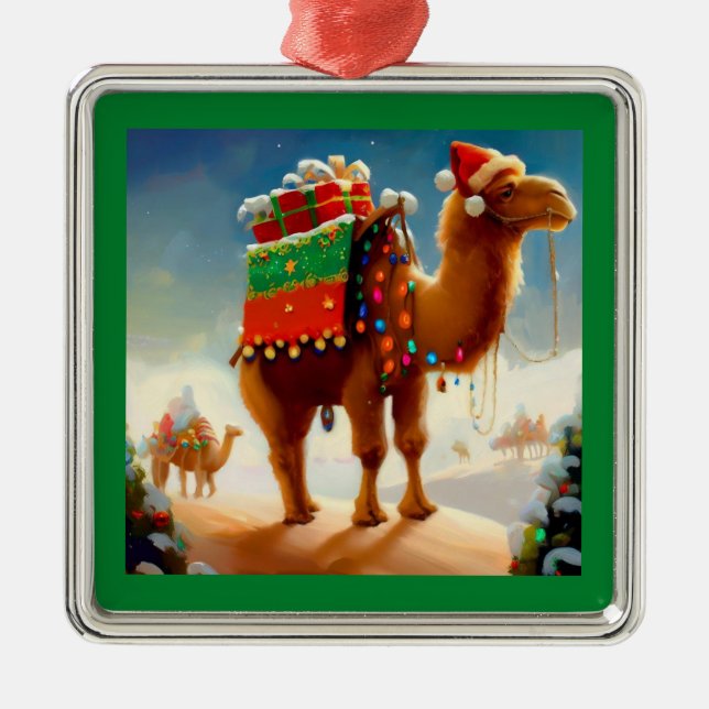 Ornement Carré Argenté Camel de Noël 2 (Devant)