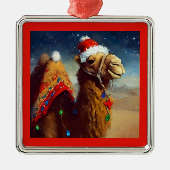 Ornement Carré Argenté Camel de Noël 3 (Devant)